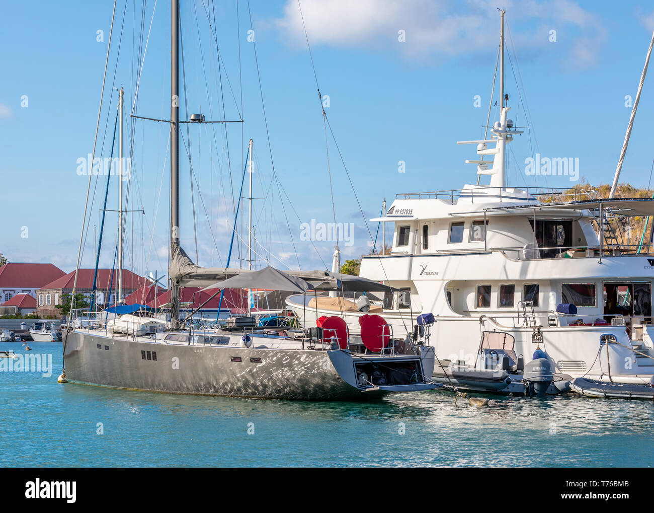 Expensive yachts at mooring in the port of Gustavia, St Barts Stock
