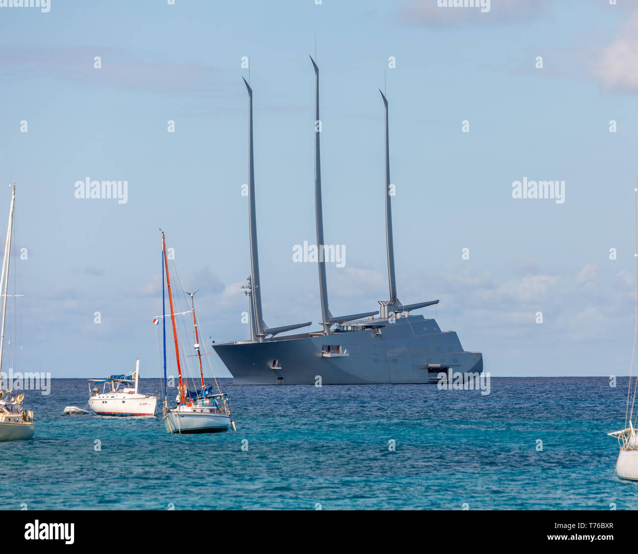 Largest sailing super yacht in the world designed by Philippe Stark in St Barts Stock Photo