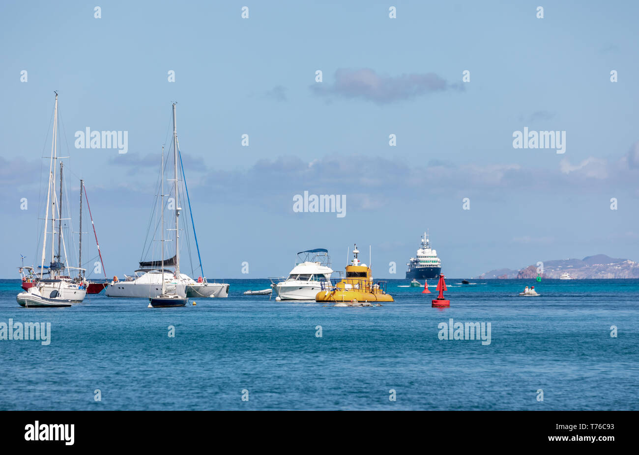 numerous boats at moorings in the Port of Gustavia in St Barts Stock Photo