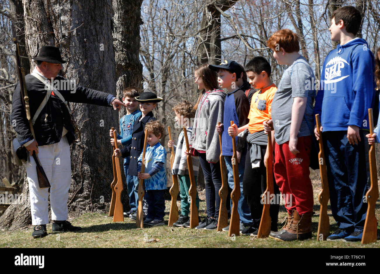 Kid's drill Revolutionary War Reenactment in Jockey Hollow Historical Park.Harding Township.Morris County.New Jersey.USA Stock Photo