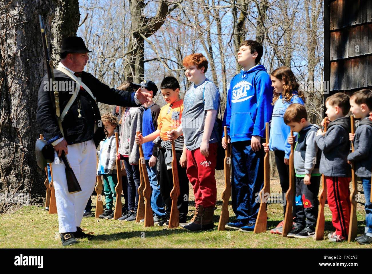 Kid's drill Revolutionary War Reenactment in Jockey Hollow Historical Park.Harding Township.Morris County.New Jersey.USA Stock Photo