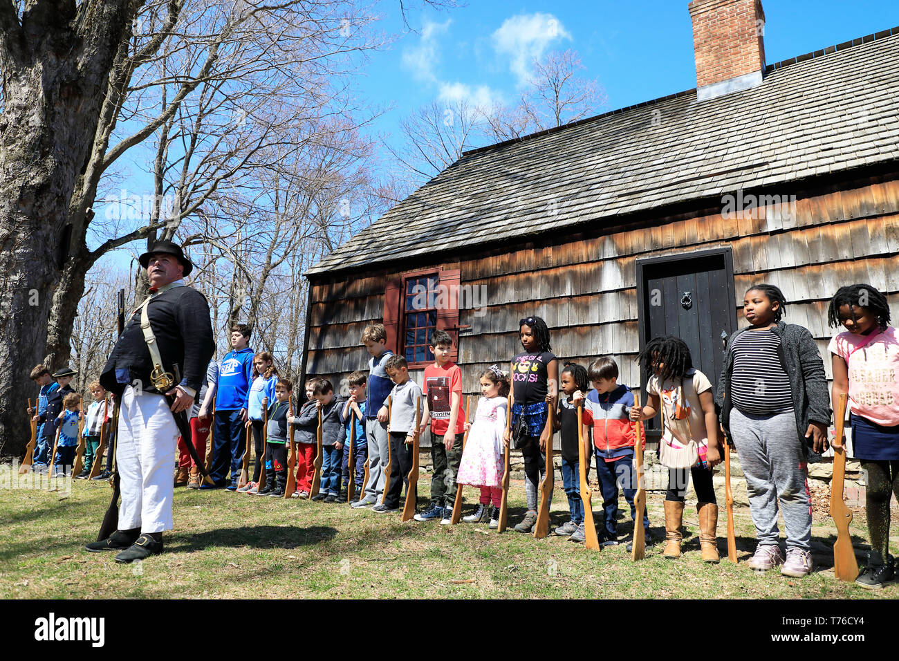 Kid's drill Revolutionary War Reenactment in Jockey Hollow Historical Park.Harding Township.Morris County.New Jersey.USA Stock Photo