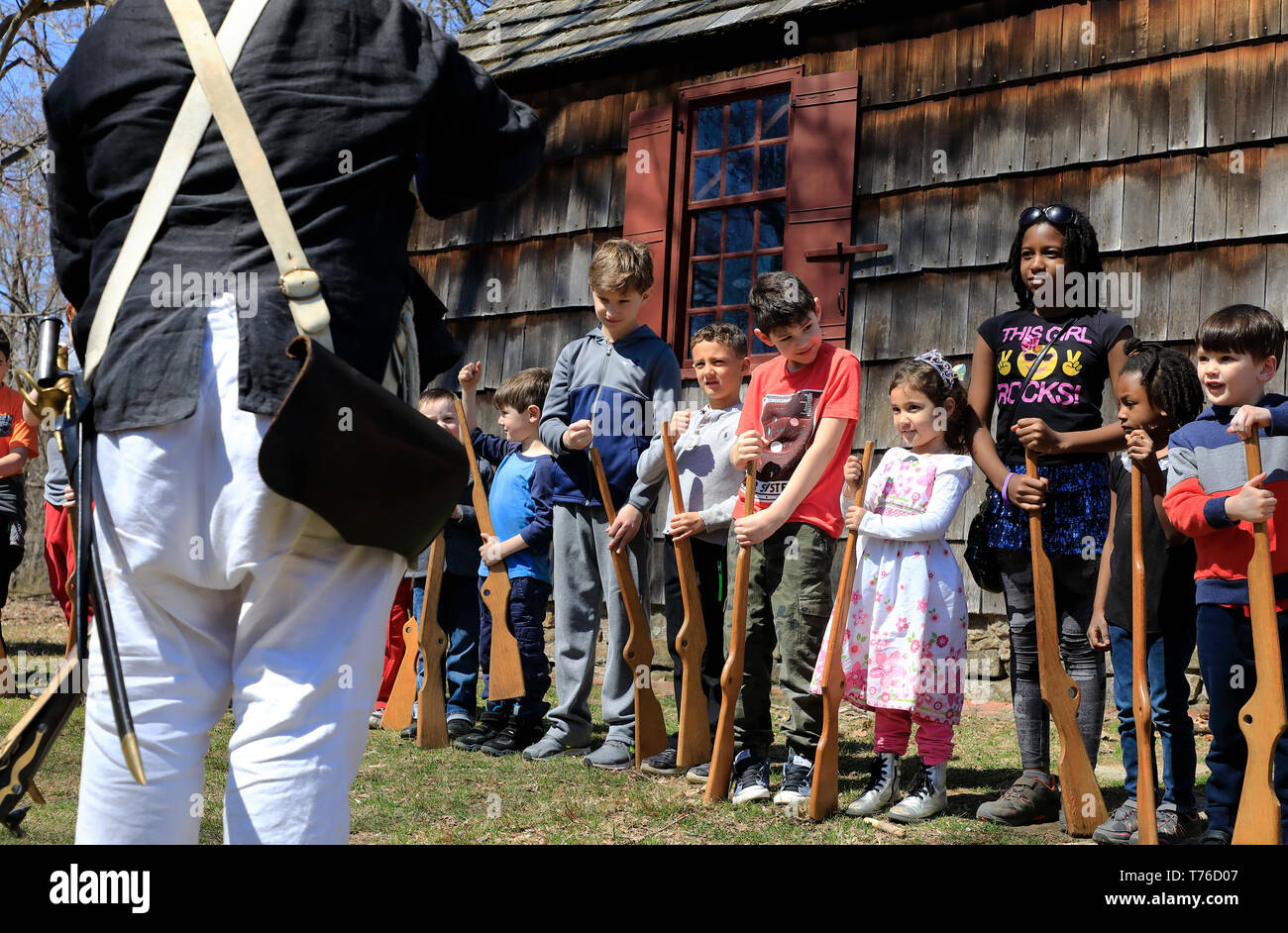 Kid's drill Revolutionary War Reenactment in Jockey Hollow Historical Park.Harding Township.Morris County.New Jersey.USA Stock Photo