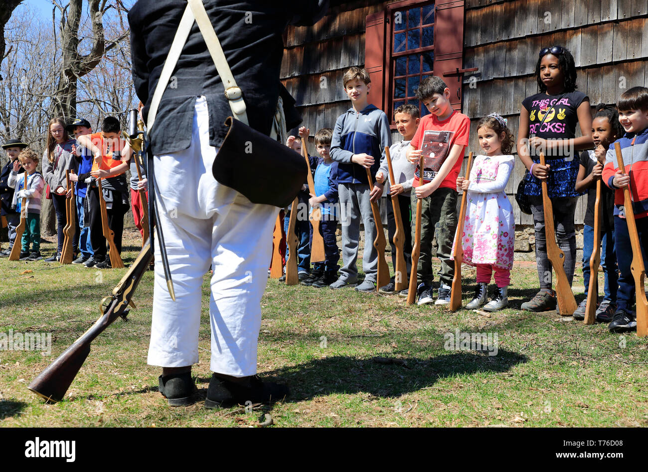 Kid's drill Revolutionary War Reenactment in Jockey Hollow Historical Park.Harding Township.Morris County.New Jersey.USA Stock Photo