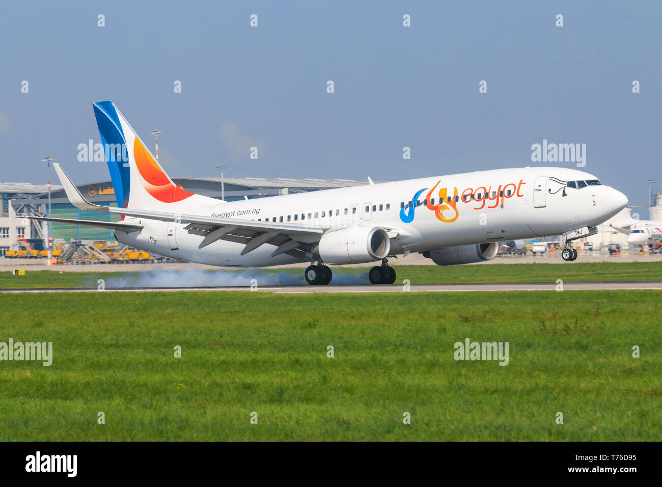 Stuttgart/Germany Mai 27, 2019: Fly Egypt Boeing 737 last flight at Stuttgart Airport. Stock Photo