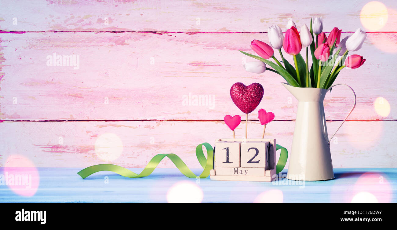Mothers Day Greeting Card - Tulips And Calendar On Shabby Table Stock Photo