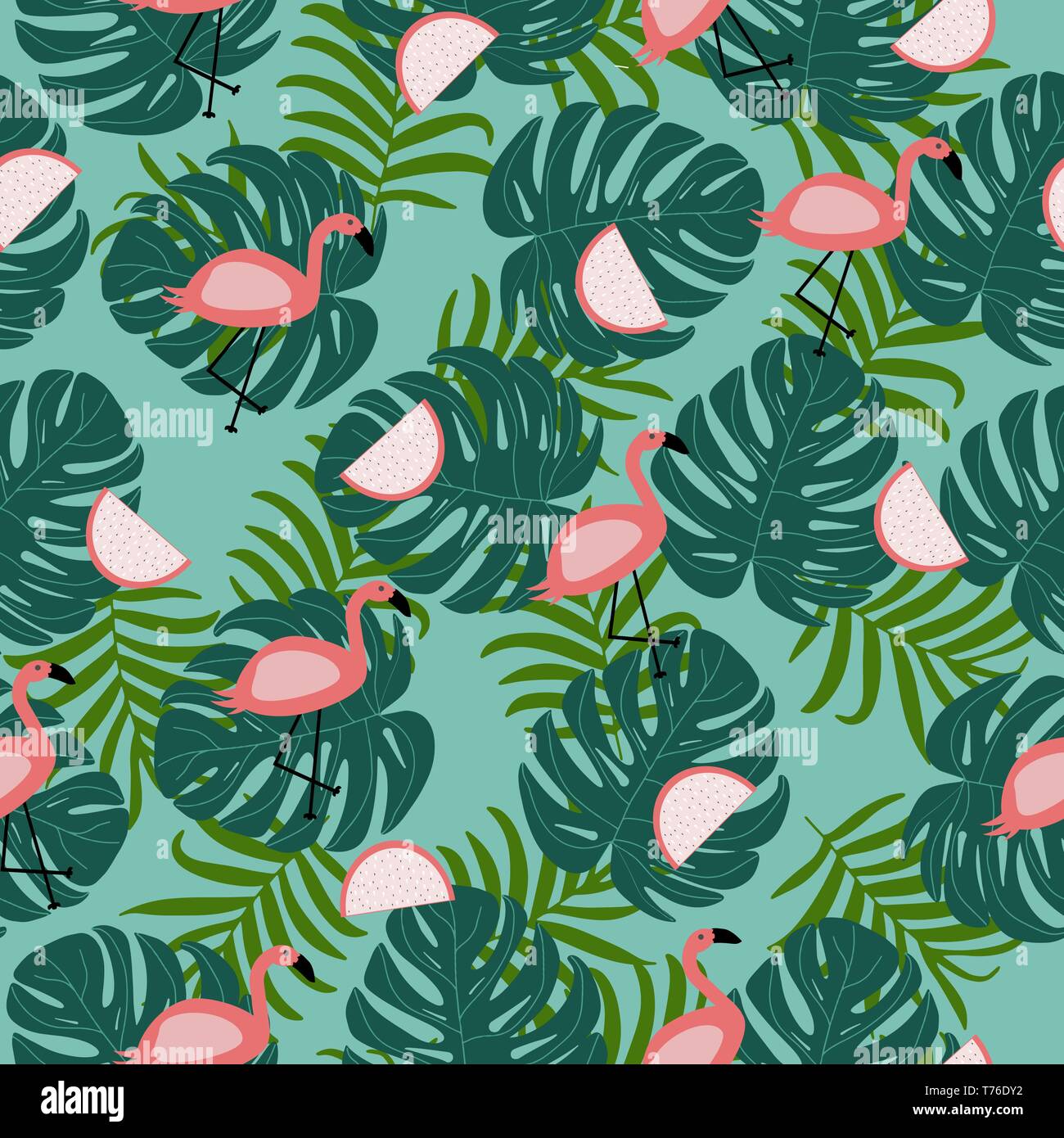 vector seamless pattern with pink flamingo leaves with palm leaf exotic ...
