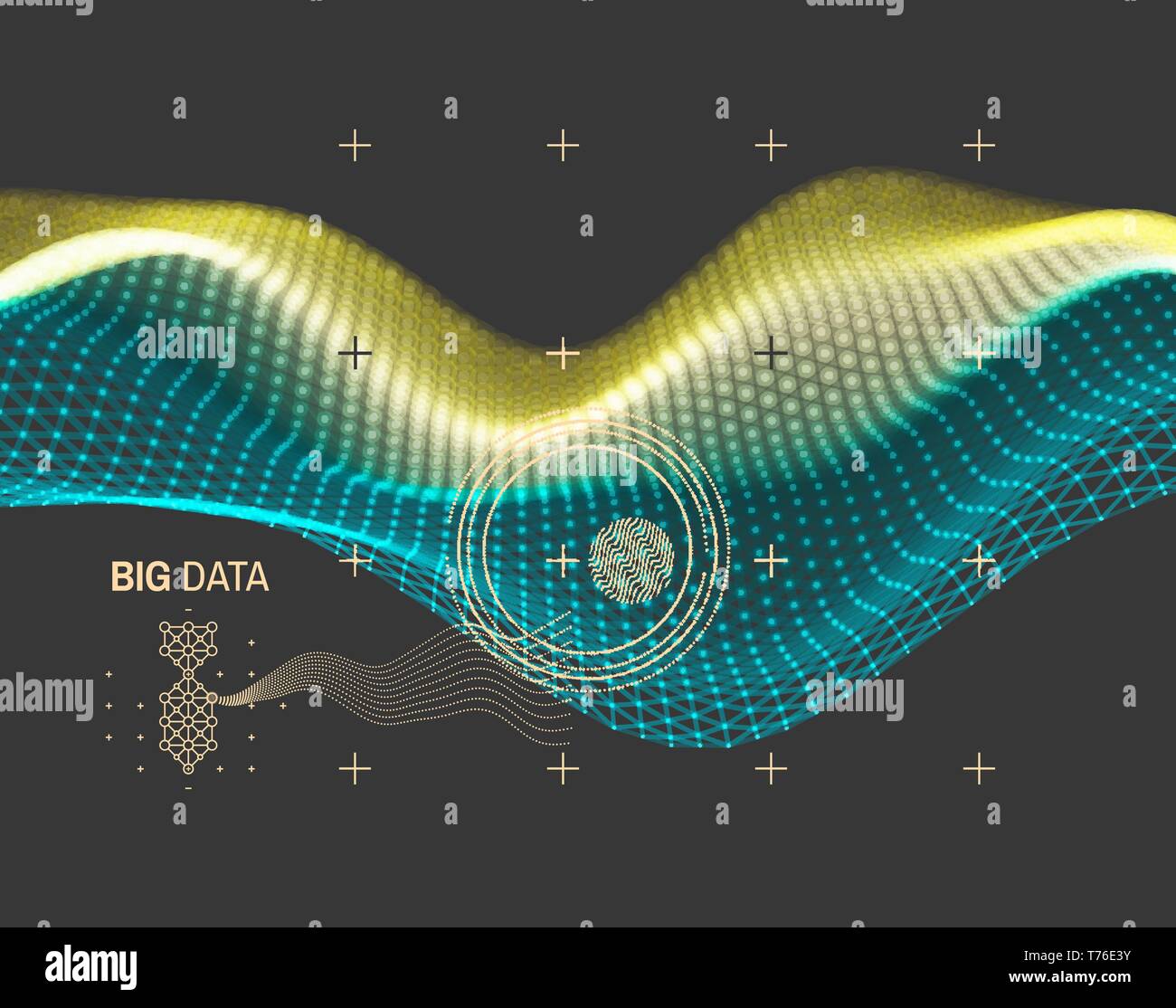 Wave with connected lines and dots. Glowing grid. Connection structure. Wireframe vector illustration. Stock Vector