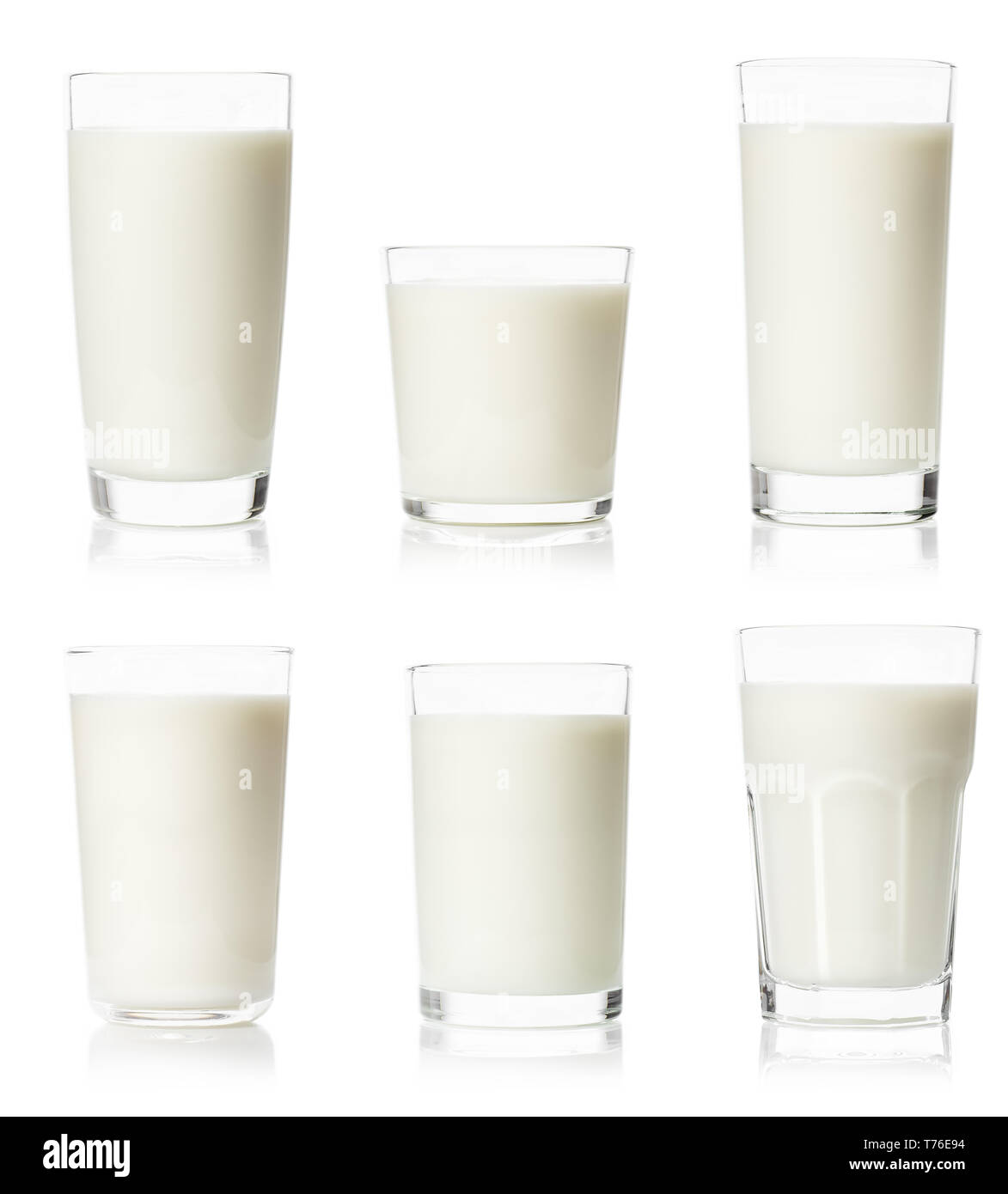 set of various glasses with milk isolated on white background and clipping path Stock Photo