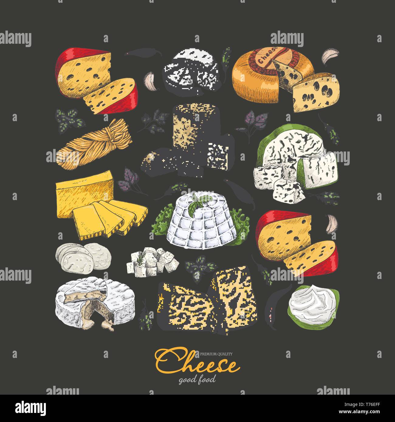 Vector background with cheeses in sketch style. Vector illustration for your design Stock Vector