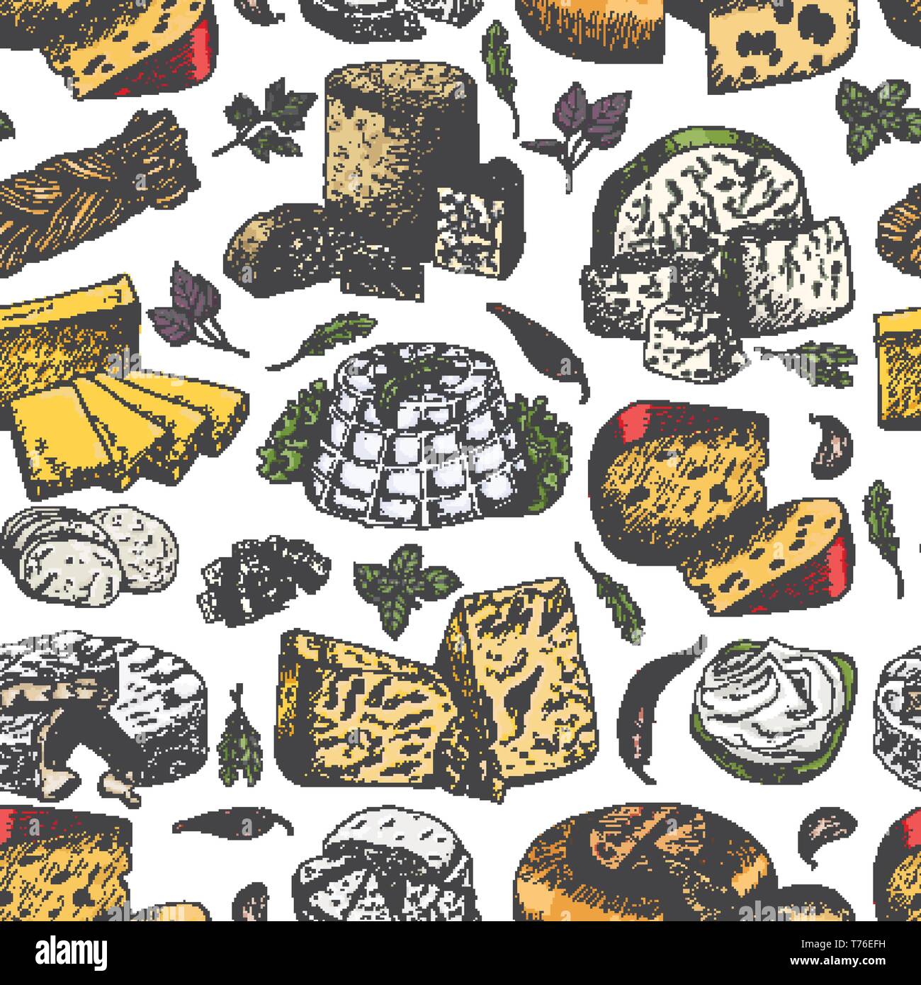 Seamless pattern with colored cheeses. Vector illustration for your design Stock Vector
