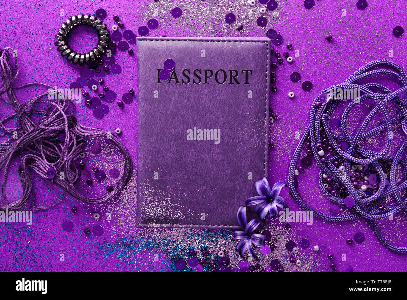 Composition with different items in purple colors Stock Photo