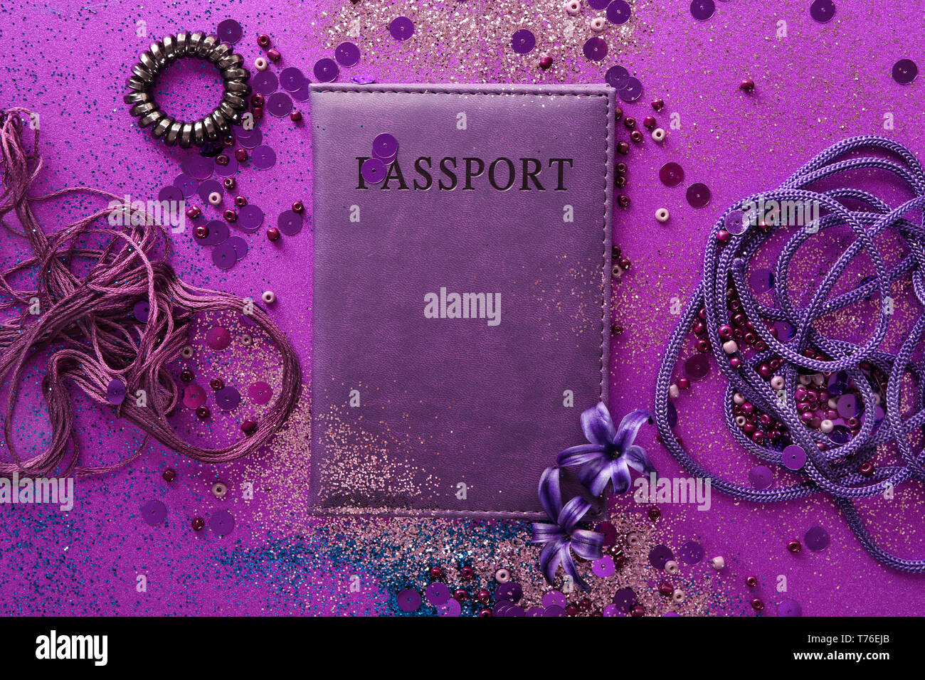 Composition with different items in purple colors Stock Photo