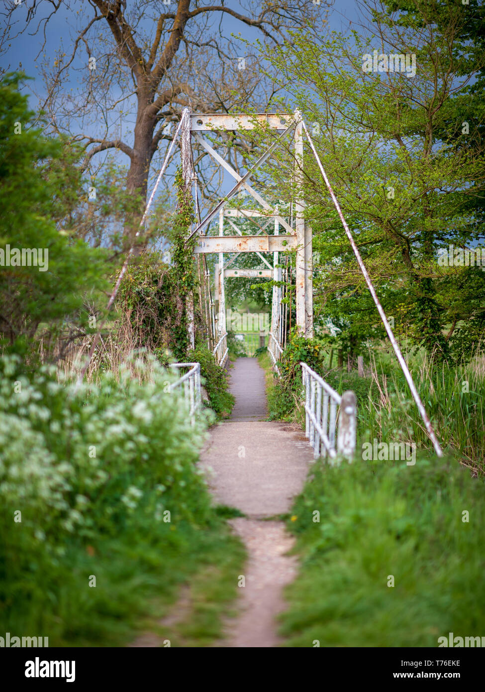 Old, rusting, white suspension bridge in green countryside crossing the
