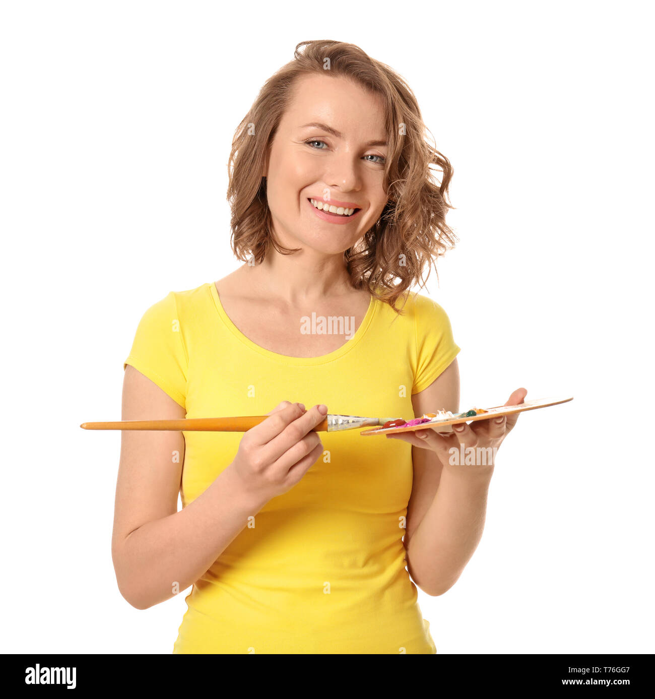 Female artist with brush and paint palette on white background Stock ...