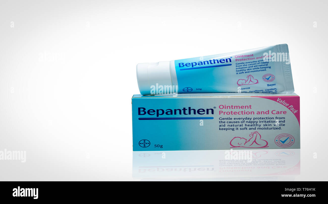 CHONBURI, THAILAND-OCTOBER 6, 2018 : Bepanthen ointment protection and care. Dexpanthenol Provitamin B5 protection skin from nappy irritation and care Stock Photo