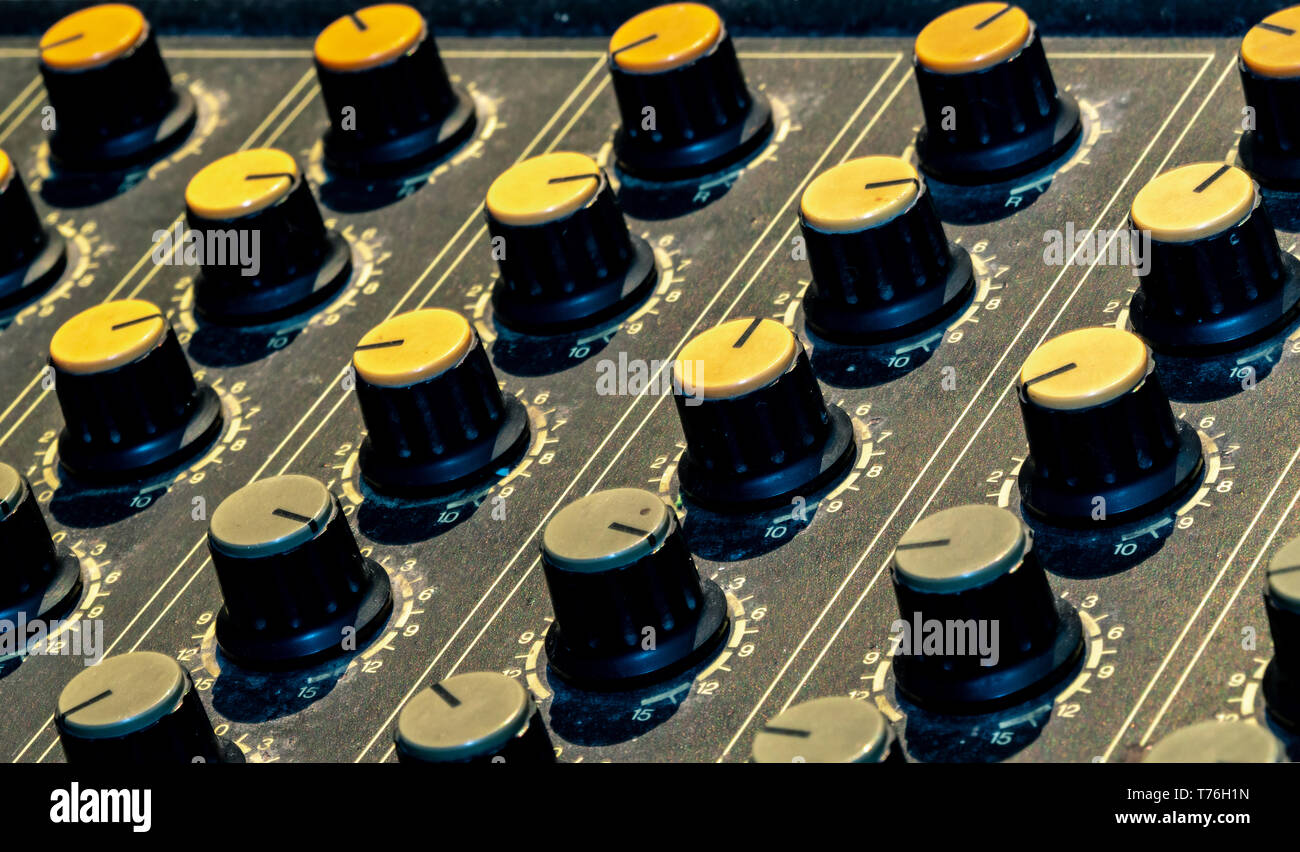 Audio sound mixer console. Sound mixing desk. Music mixer control panel