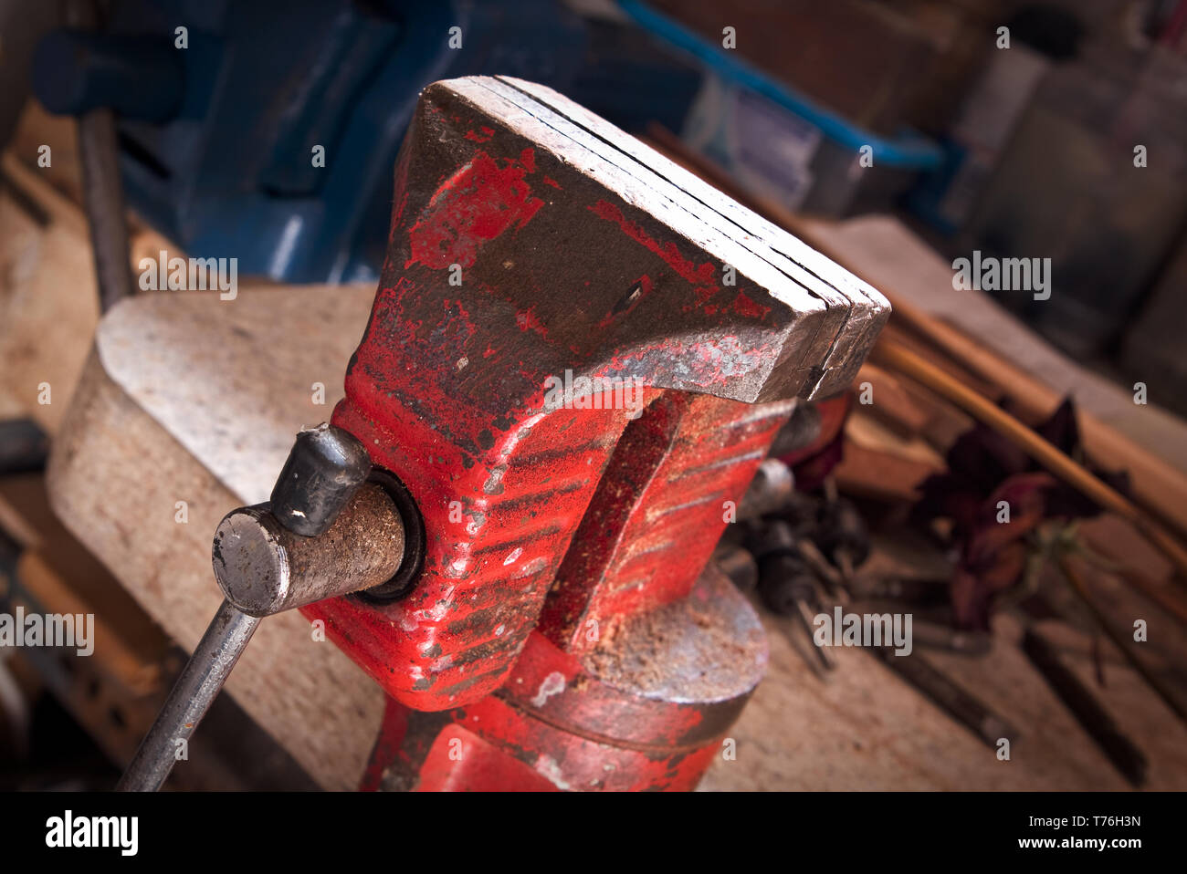 Vice in a woodwork workshop or shed. Stock Photo
