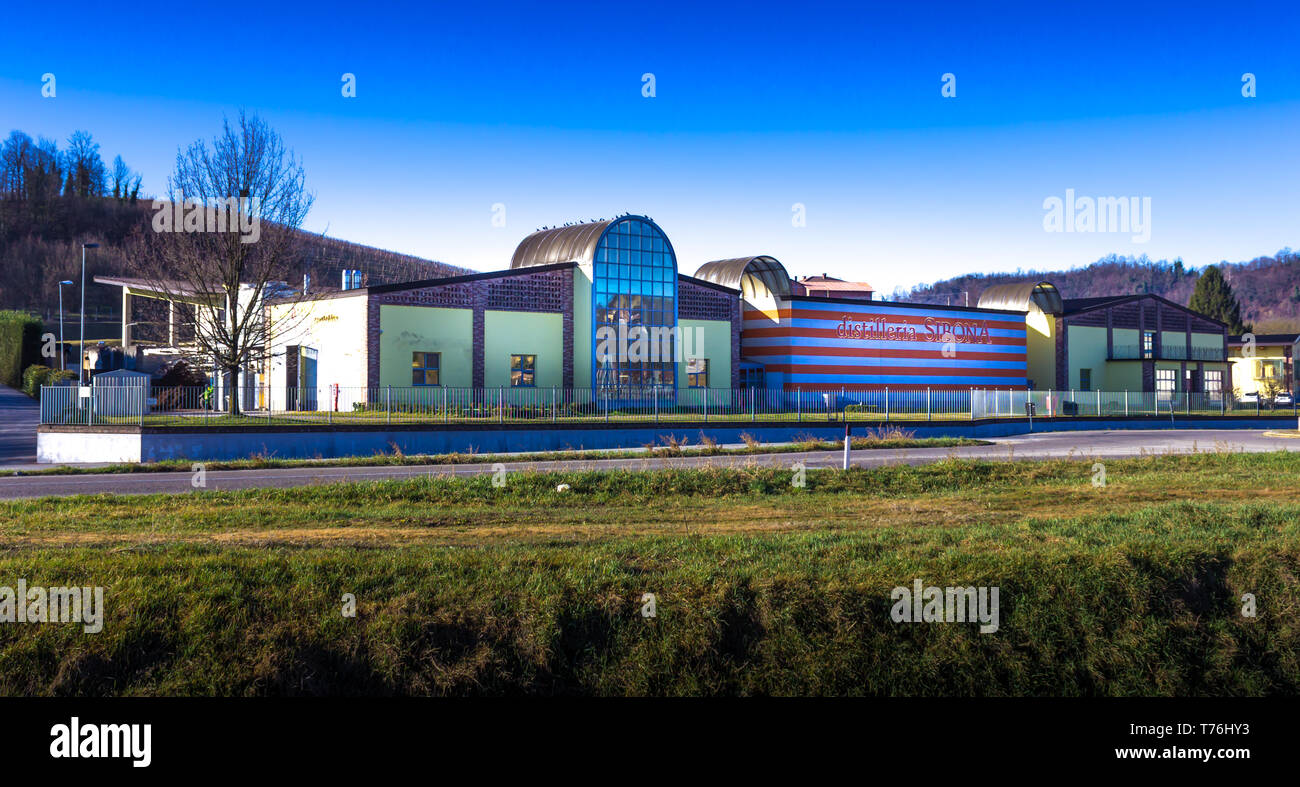 Piobesi d'Alba, Cuneo / Italy 03-11-2019: Overview of the Sibona Grappa Distillation plant in Italy Stock Photo