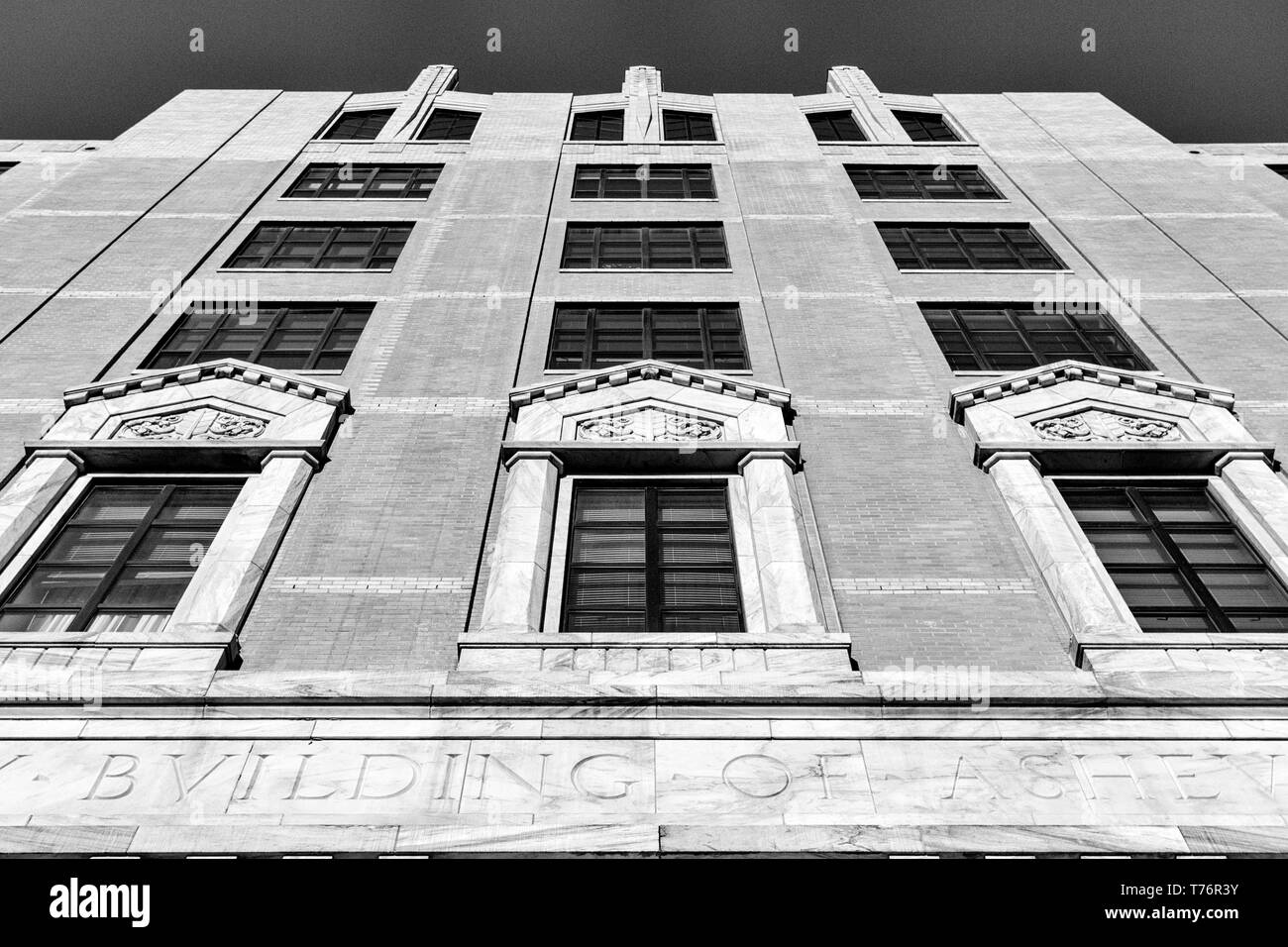 The front facade of the City Building in Asheville, NC, USA reveals a