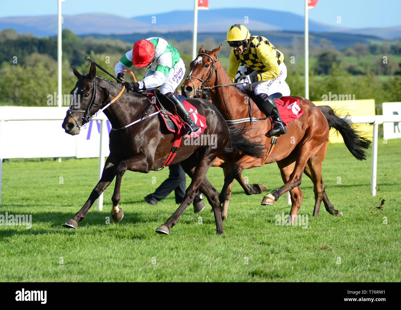 Ard Abhainn and Lisa O'Neill win the K Club Hotel & Resort Flat Race during day five of the Punchestown Festival at Punchestown Racecourse, County Kildare, Ireland. Stock Photo