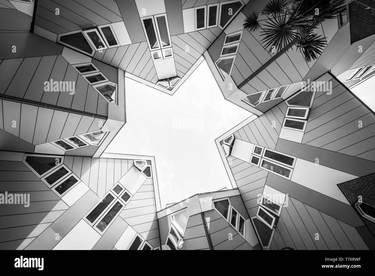 ROTTERDAM, HOLLAND - AUGUST 22 2017; Modern architectural  cubic houses (Dutch Kubus woning) from low angle forming surrounding star shape monochrome Stock Photo