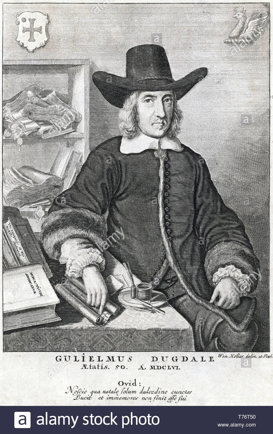 Sir William Dugdale portrait, 1605 – 1686, was an English antiquary and herald, etching by Bohemian etcher Wenceslaus Hollar from 1600s Stock Photo
