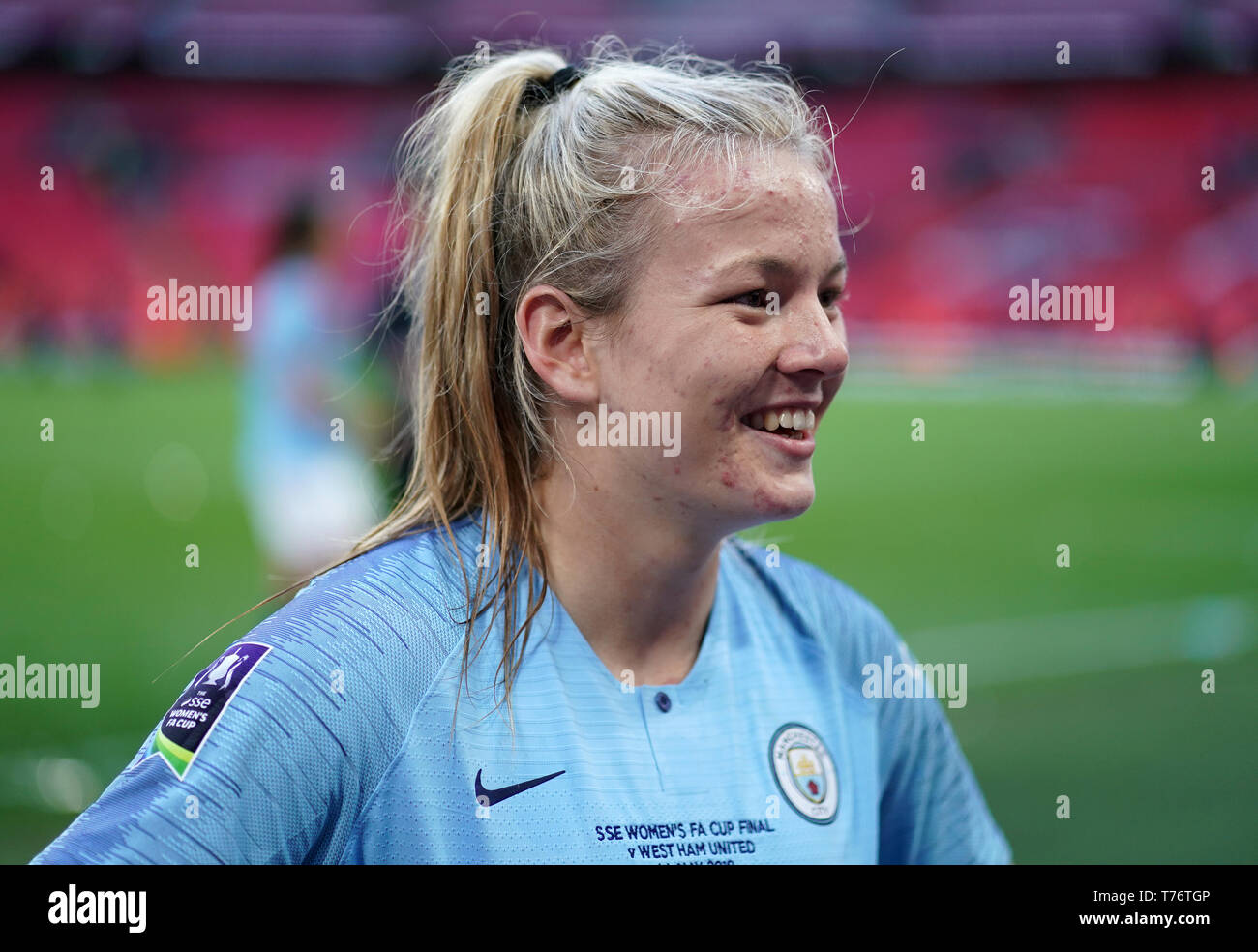 Manchester City Women's Lauren Hemp celebrates after the Women's FA Cup Final at Wembley Stadium, London. Stock Photo