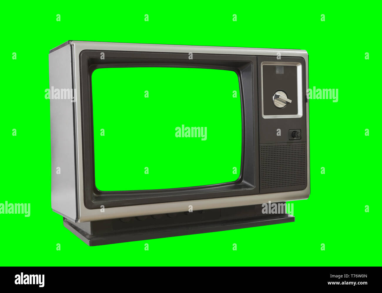 Vintage blank television isolated with chroma key green screen and background. Stock Photo