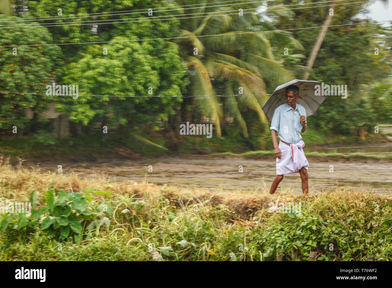 Man in native attire walks with umbrella on a path at the rivers edge in rural India Stock Photo