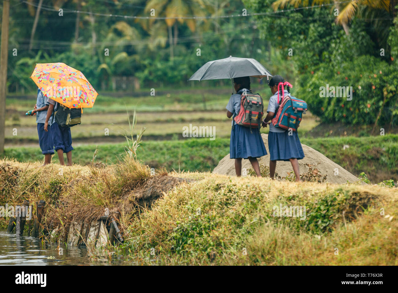 Closeup of four children walking at rivers edge going home from school in remote jungle village in India Stock Photo