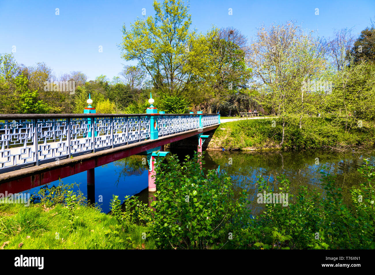 Colourful oriental style Pennethorne Bridge in Victoria Park, London, UK Stock Photo