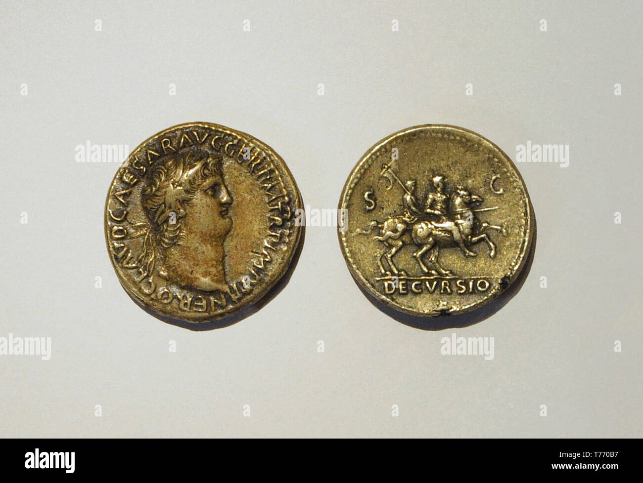Sestertii coined by Nero. Left, 65 AD, bronze. Right, 64 AD, brass (orichalcum). From Rome (Italy). National Archaeological Museum. Madrid. Spain. Stock Photo