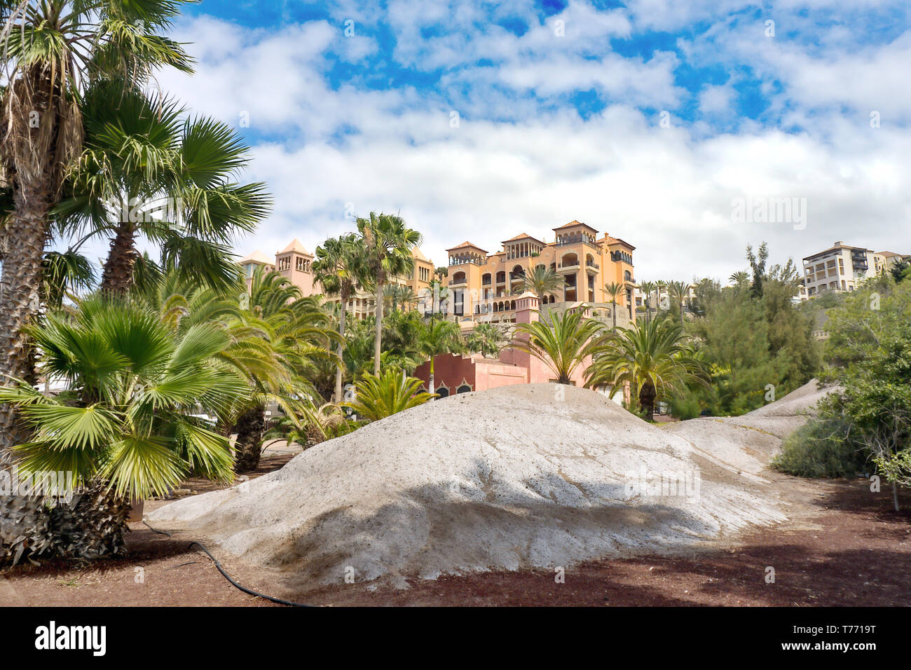 Duque, a coastal town in the south of Tenerife, oriental style, with a small volcano, foreground lush green of palm trees, Stock Photo