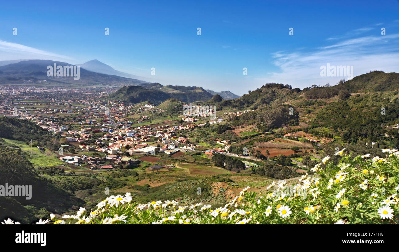 View over the longitudinal axis of the island Teneriffavom Anaga Mountains from across the plateau of La Laguna to the visible tip of the highest moun Stock Photo