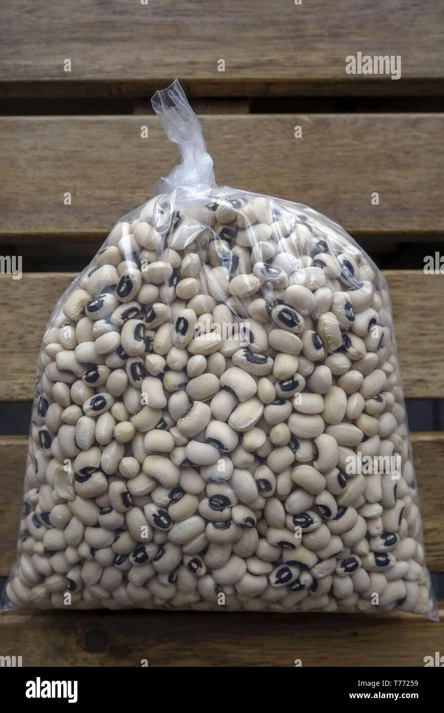 Plastic Bag of Black Eyed Beans Stock Photo