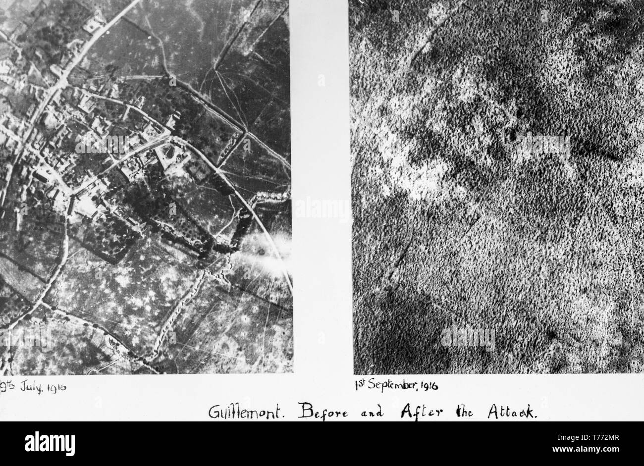 Two seperate black and white British aerial photographs, taken on 9th July 1916, and 1st September 1916, of the village of Guillemot in the Somme area of Northern France. The photographs show the complete destruction of the area after the fighting during the war. Stock Photo