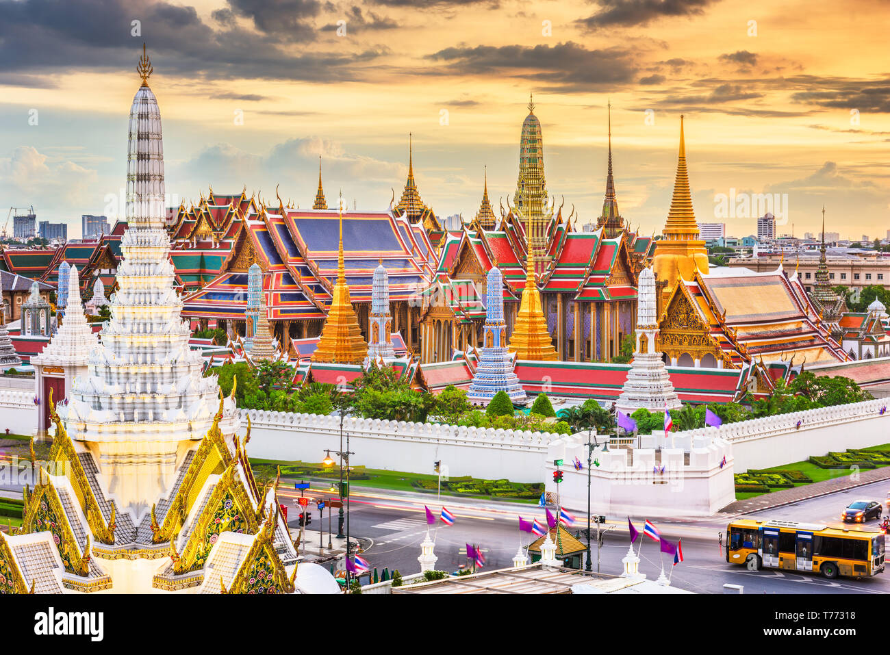 Bangkok, Thailand at the Temple of the Emerald Buddha and Grand Palace at dusk. Stock Photo