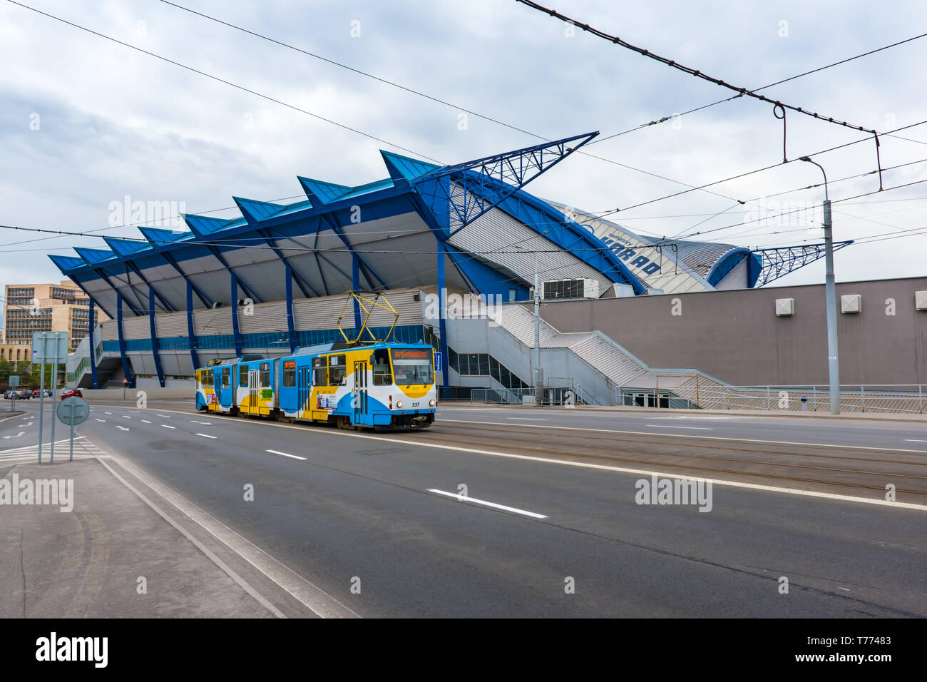 KOSICE, SLOVAKIA – APRIL 29 2019: Side view of Steel Arena – Ice hockey stadium where IIHF International Ice Hockey World Championship 2019 will be he Stock Photo