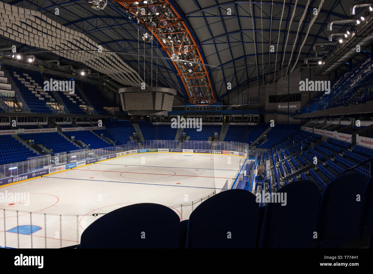 KOSICE, SLOVAKIA – APRIL 29 2019: indoor view of Steel Arena – Ice hockey stadium where IIHF International Ice Hockey World Championship 2019 will be  Stock Photo