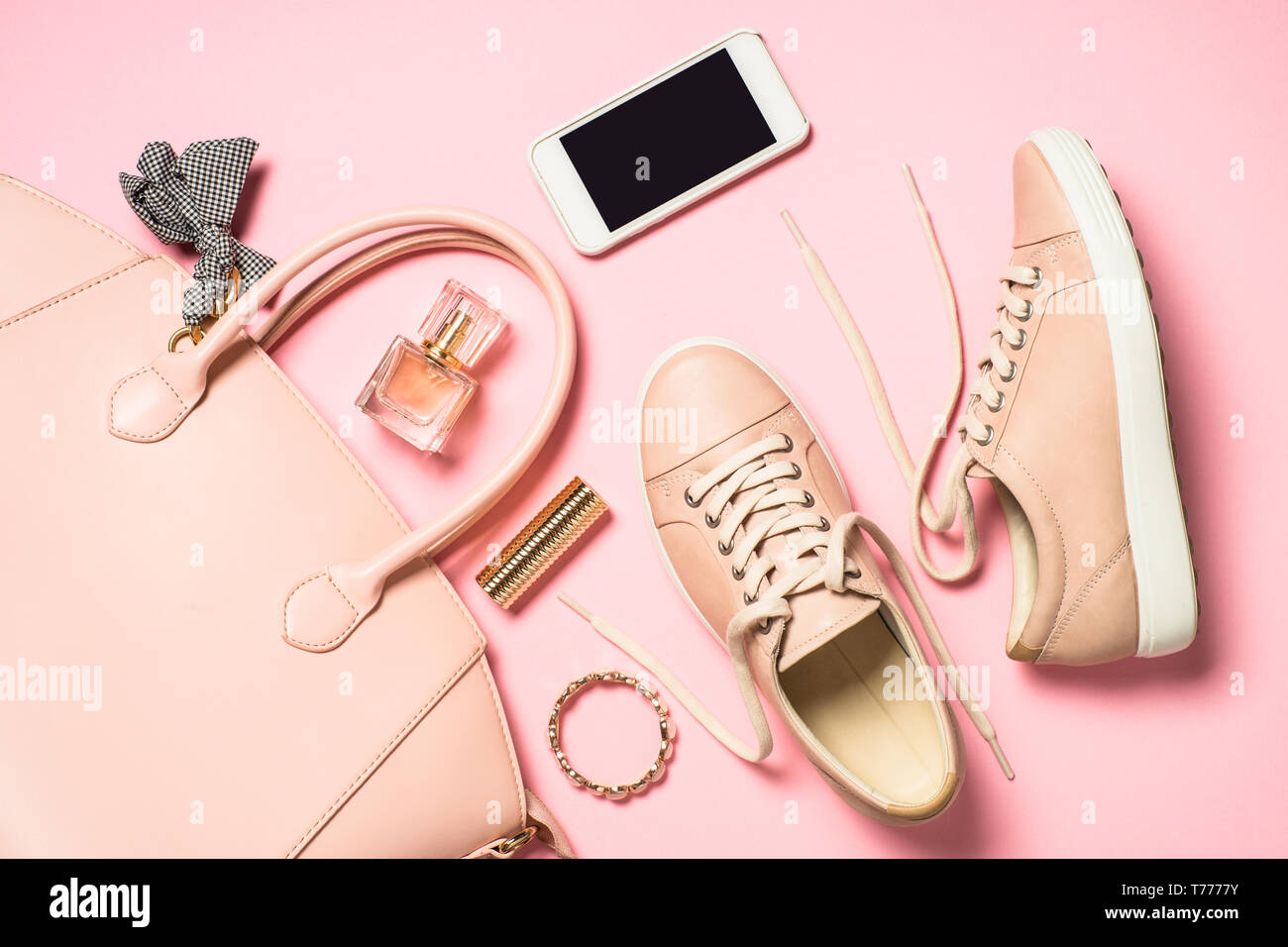 Woman flat lay background on pink Stock Photo - Alamy