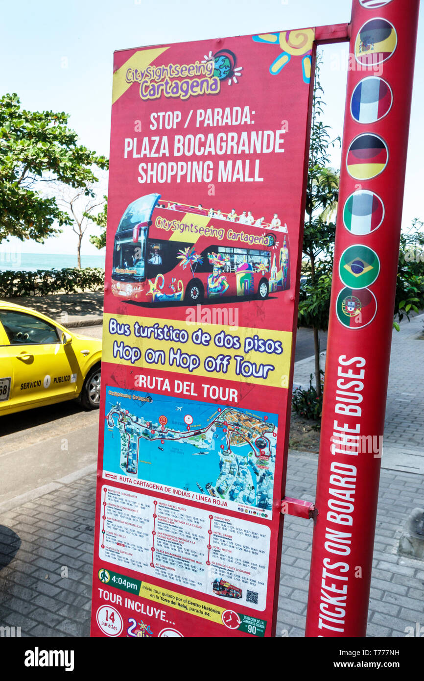Cartagena Colombia,Bocagrande,hop on hop off city tour bus stop,route map information,bilingual English Spanish language,COL190124016 Stock Photo