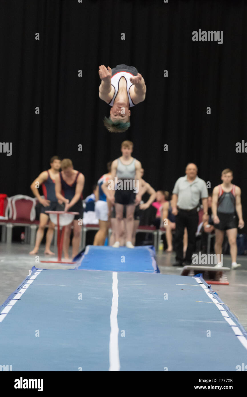 Telford, England, UK. 27 April, 2018. A male gymnast from Milton Keynes Gym in action during Spring Series 1 at the Telford International Centre, Telford, UK. Stock Photo