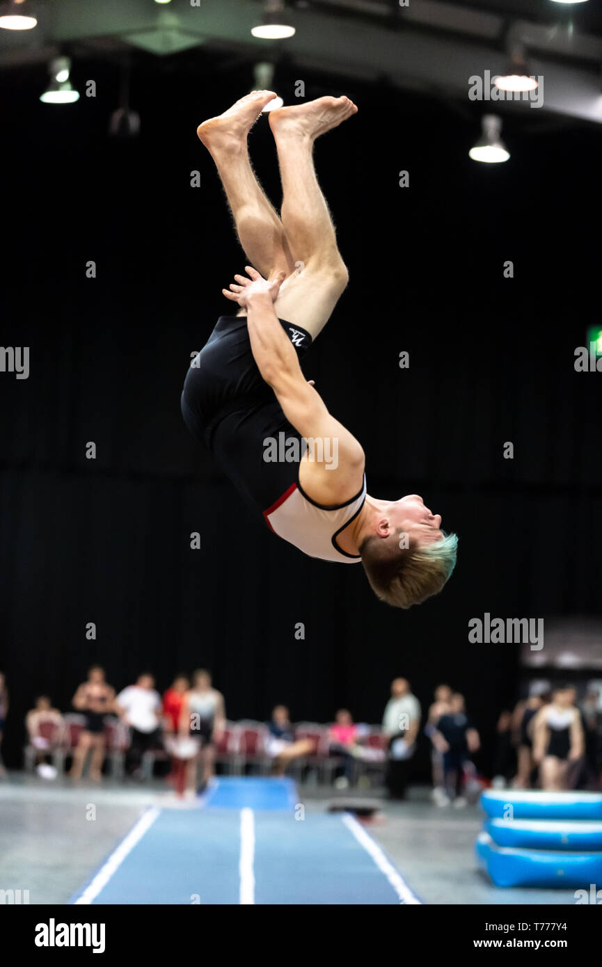 Telford, England, UK. 27 April, 2018. A male gymnast from Milton Keynes Gym in action during Spring Series 1 at the Telford International Centre, Telford, UK. Stock Photo