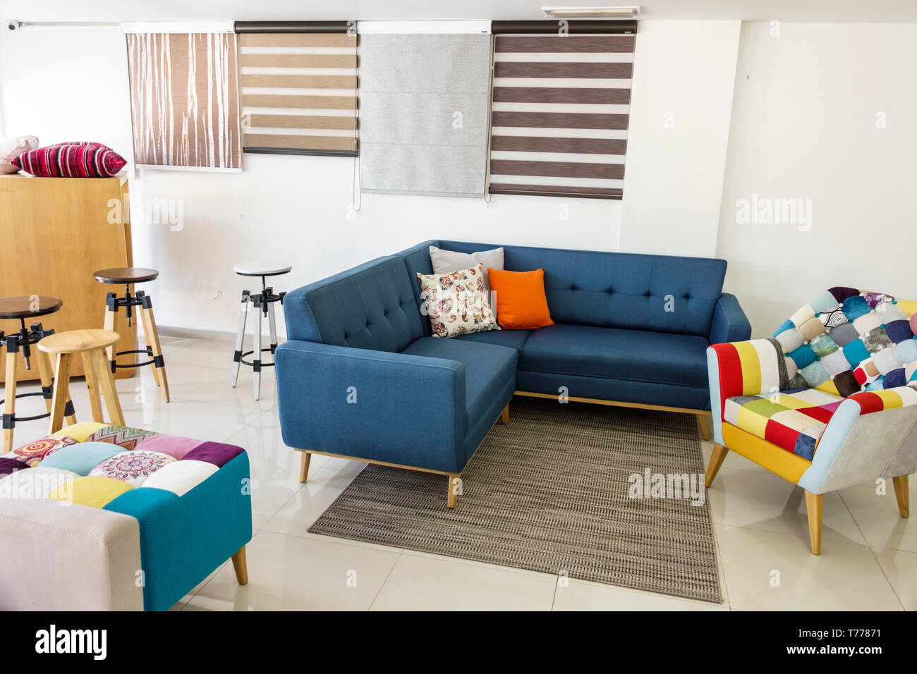 Cartagena Colombia,Bocagrande,new furniture display sale store,inside interior,upholstery,sofa,couch,chair,blinds,COL190124071 Stock Photo