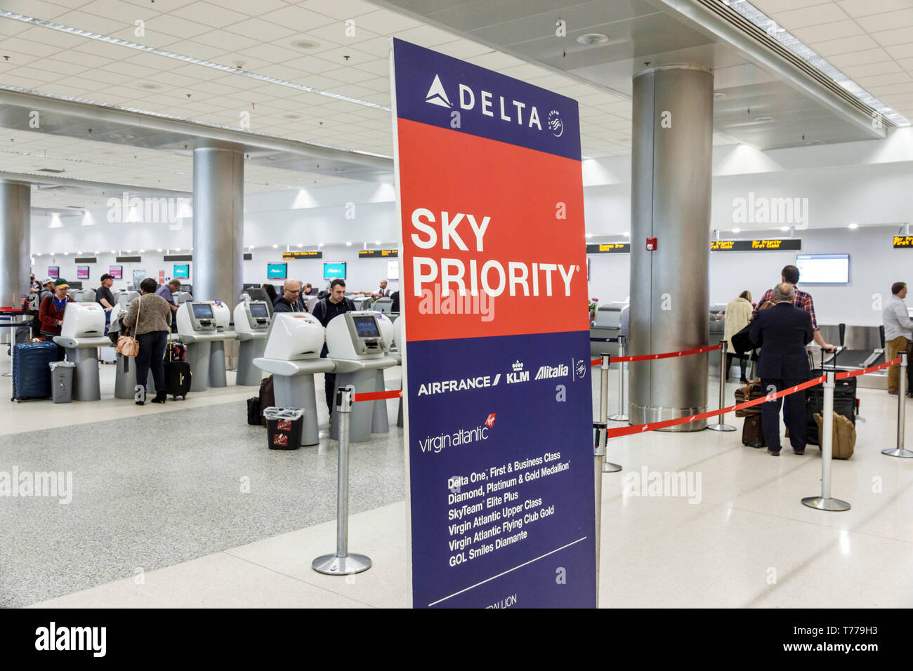 Miami Florida,International Airport MIA inside,terminal,Delta Airlines,sky priority service line sign,self-service check-in kiosks,FL190125002 Stock Photo