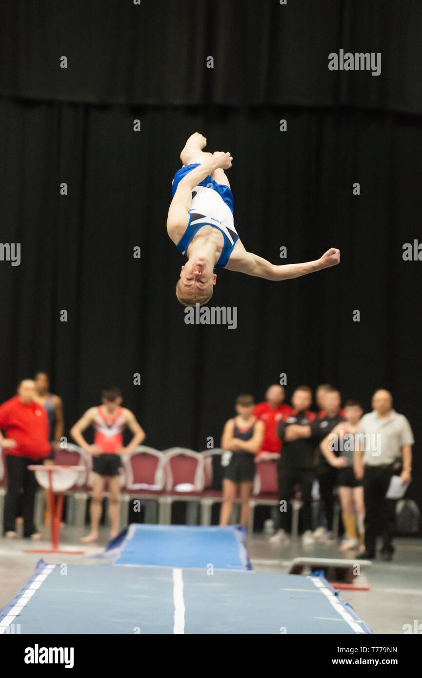 Telford, England, UK. 27 April, 2018. Will Cowen (Pinewood Gymnastics Club) in action during Spring Series 1 at the Telford International Centre, Telford, UK. Stock Photo