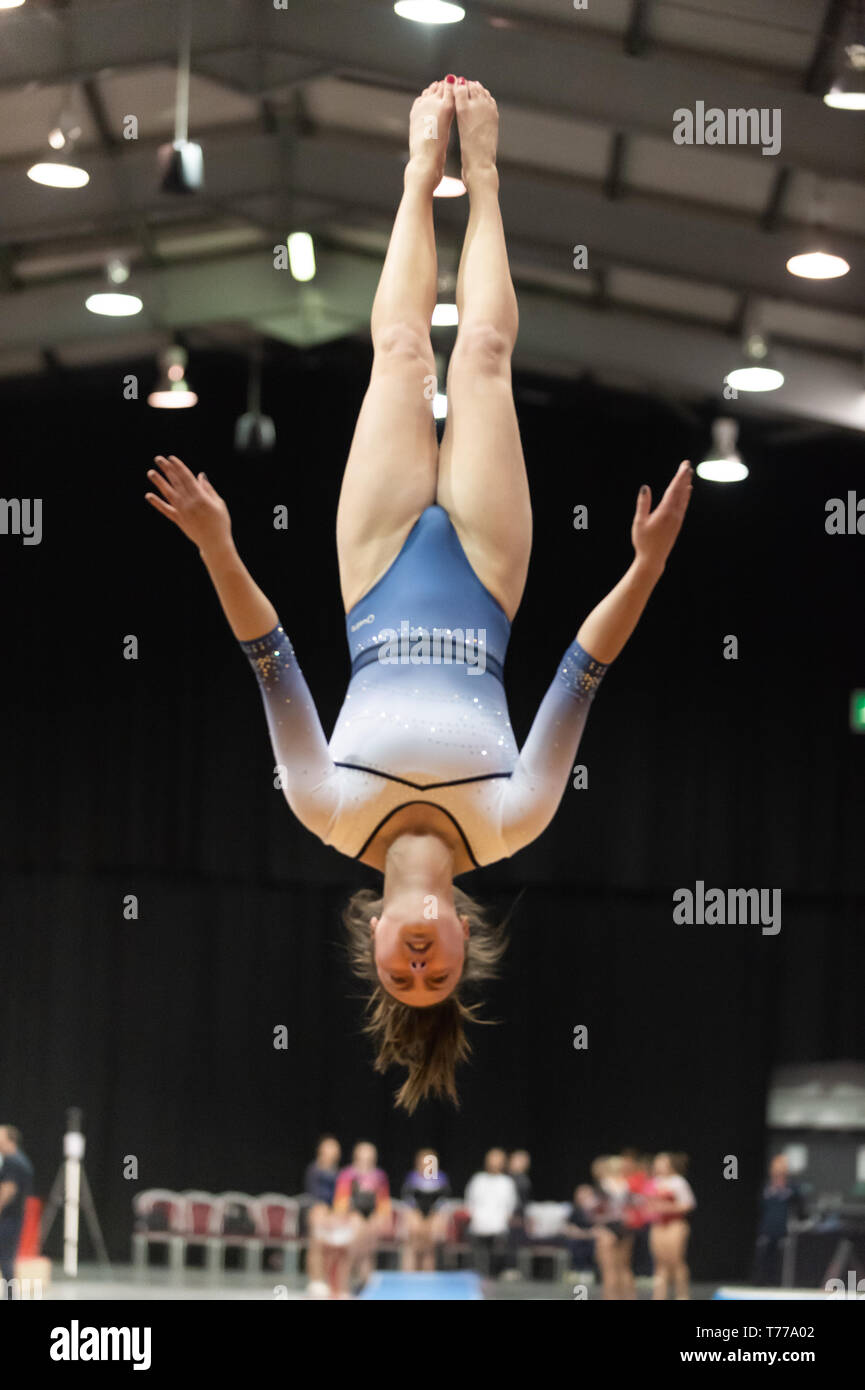 Telford, England, UK. 27 April, 2018. A female gymnast from Pinewood Gymnastics Club in action during Spring Series 1 at the Telford International Centre, Telford, UK. Stock Photo