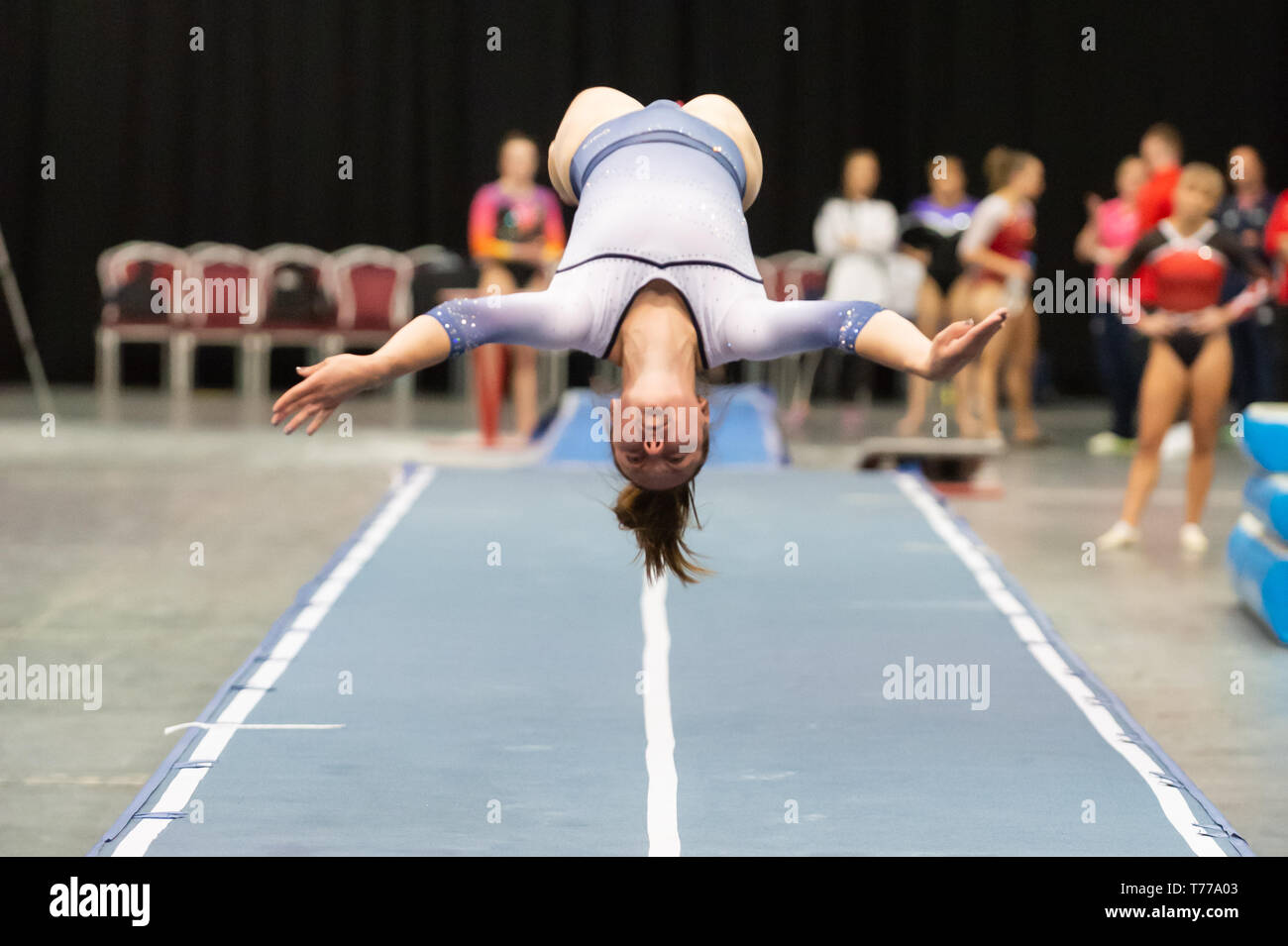 Telford, England, UK. 27 April, 2018. A female gymnast from Pinewood Gymnastics Club in action during Spring Series 1 at the Telford International Centre, Telford, UK. Stock Photo