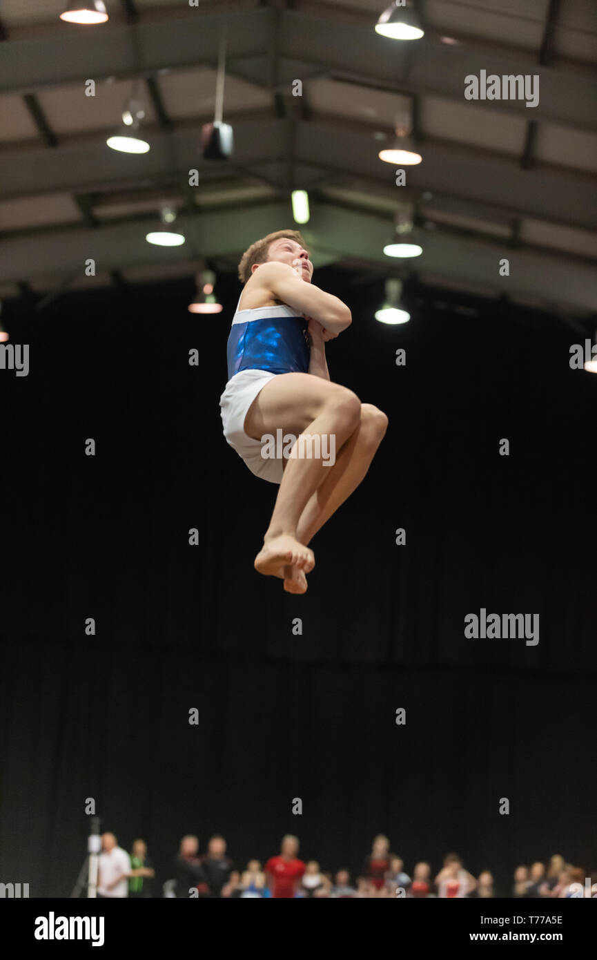 Telford, England, UK. 27 April, 2018. A male gymnast from OLGA Poole in action during Spring Series 1 at the Telford International Centre, Telford, UK. Stock Photo